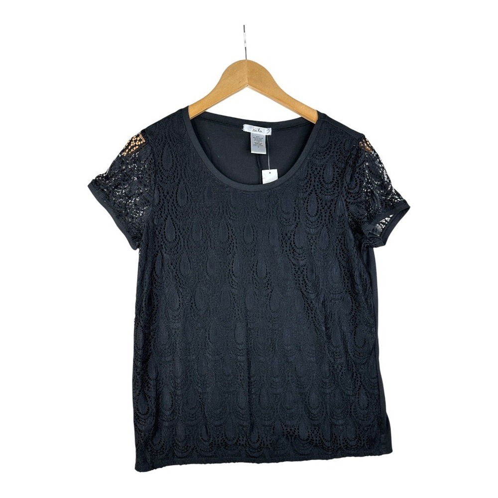 New Isela Crochet Detail Short‎ Sleeve Blouse size Medium Black